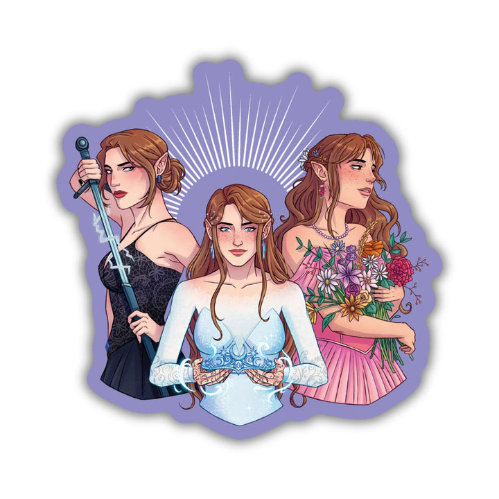 ACOTAR character sticker of the three Archeron sisters, Nesta, Feyre, and Elain. 