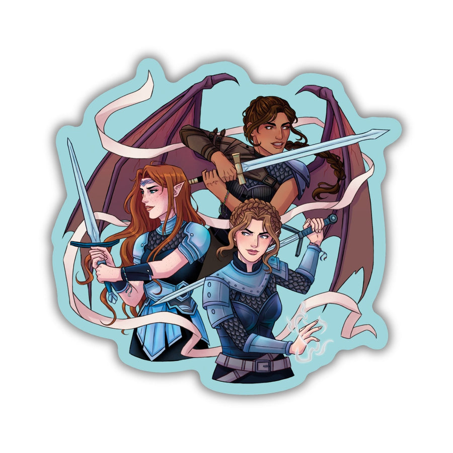 Character art sticker of The Valkyries from ACOSAF, Nesta, Gwyn, and Emerie in their armor.