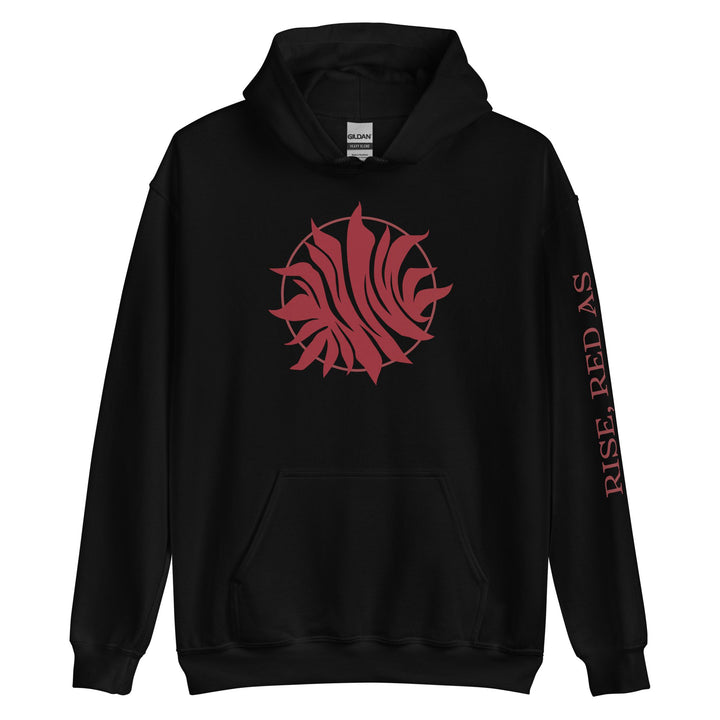  Front of a black hoodie with Scarlet Guard emblem from Red Queen by Victoria Aveyard. Down the arm reads ‘Rise Red As The Dawn’.
