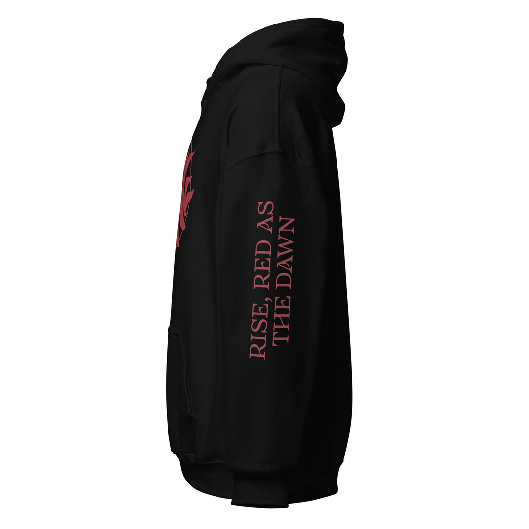 Side view of a black hoodie with Scarlet Guard emblem from Red Queen by Victoria Aveyard. Down the arm reads ‘Rise Red As The Dawn’.
