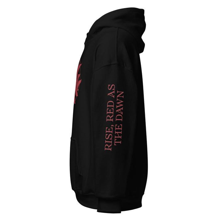 Side view of a black hoodie with Scarlet Guard emblem from Red Queen by Victoria Aveyard. Down the arm reads ‘Rise Red As The Dawn’.

