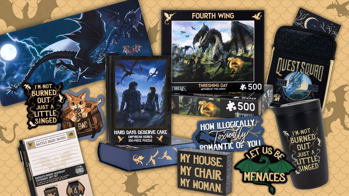 Collection of bookish merch like puzzle, stickers, and travel mugs, inspired by Fourth Wing by Rebecca Yarros.